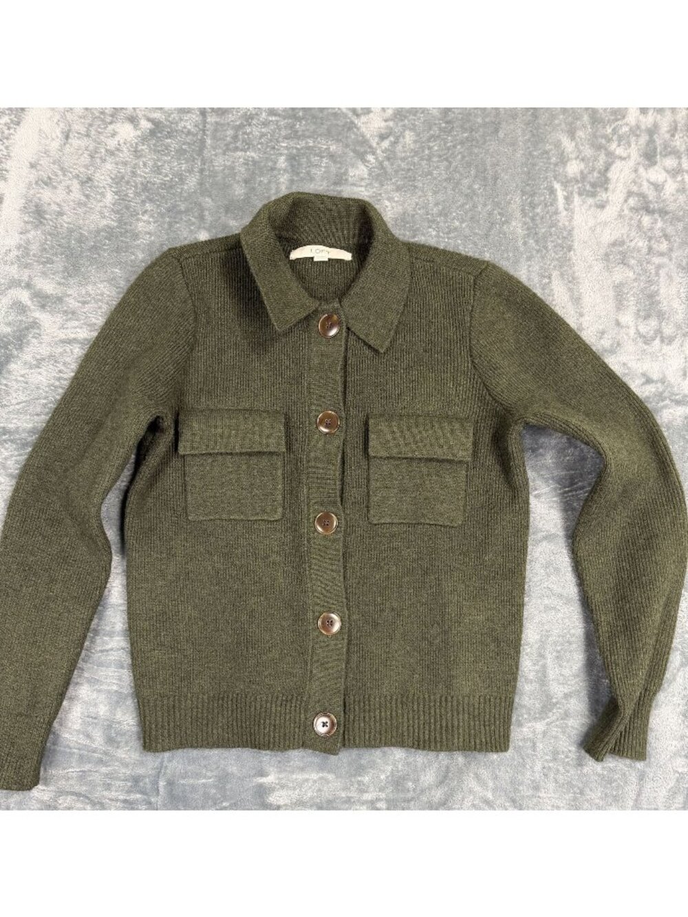 Loft Olive Green Button-Up Ribbed Knit Cardigan Sweater XS Womens